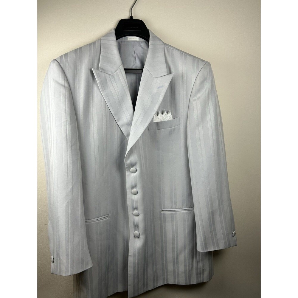 Vintage Falcone Men's Gray Pinstripe Suit Jacket Blazer 4 Button 44L Peak Lapel